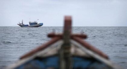 Traditional fishing boats work off the east coast of Natuna Besar